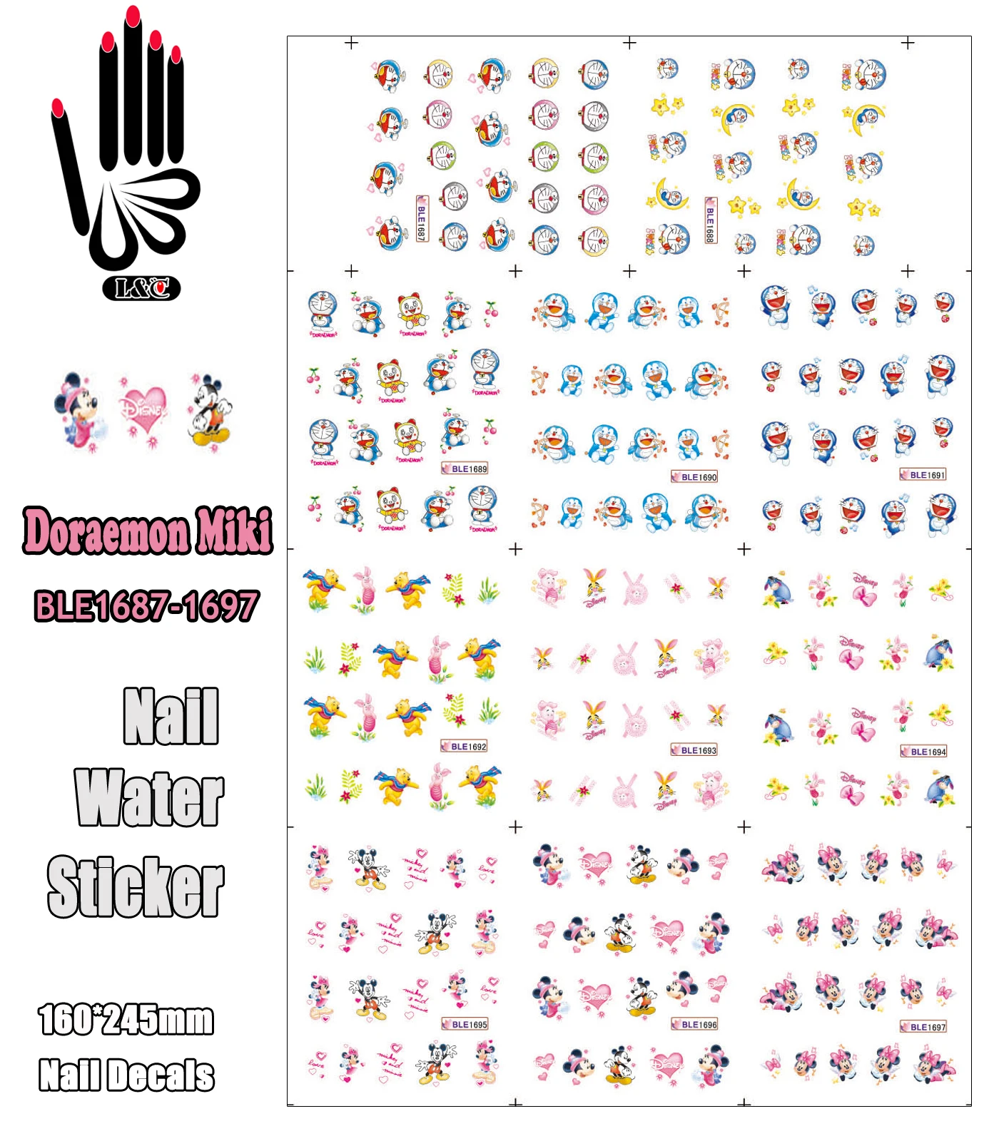 

11 Sheets/Lot Art Nail BLE1687-1697 Cartoon Doraemon Miki Nail Art Water Transfer Sticker For Nail(11 DESIGNS IN 1)