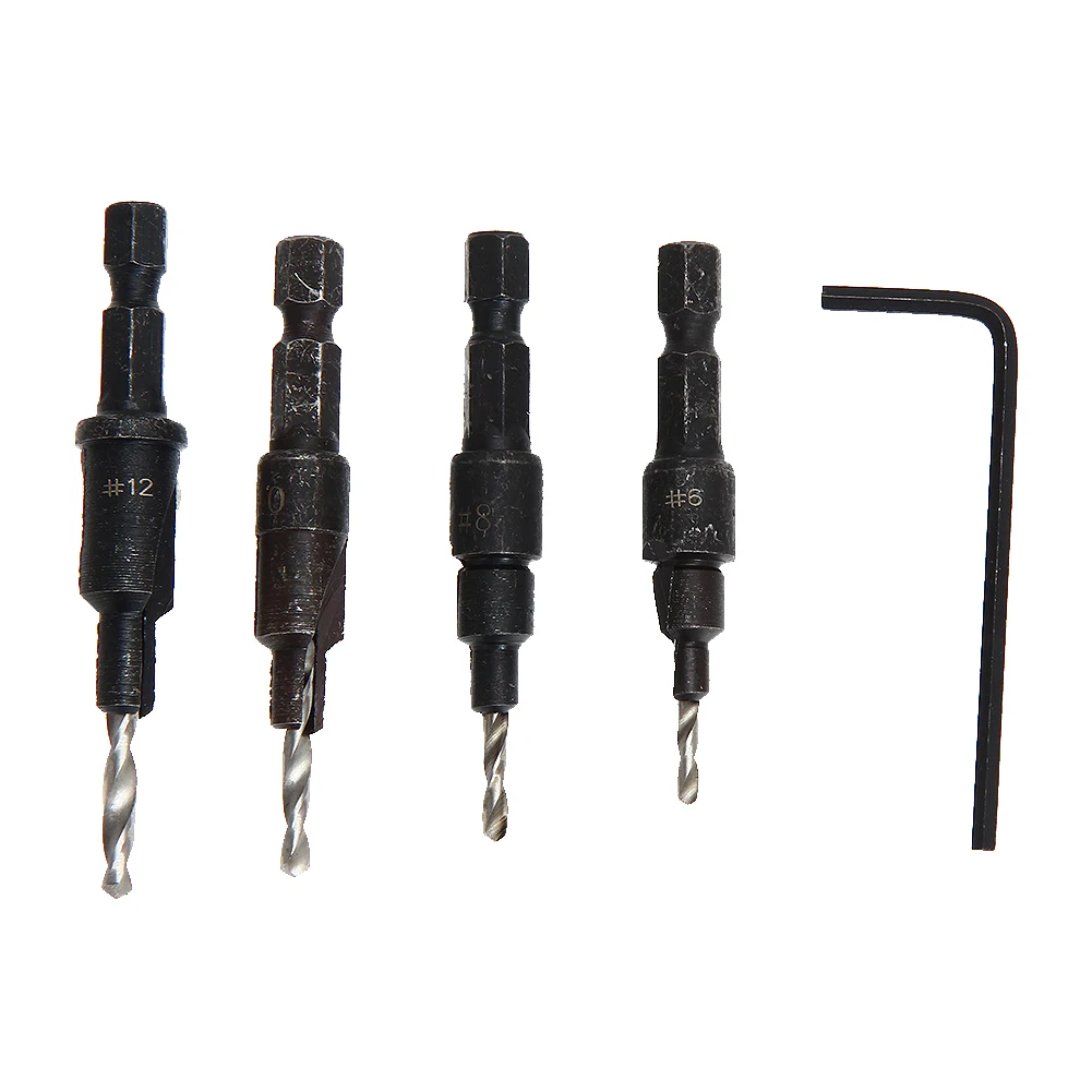 

4PCS 6# 8# 10# 12# 1/4 Hex Quick Change Shank Countersink Tapered Drills Bits Cone Reaming Drill Bit Set Wood Woodworking Tools