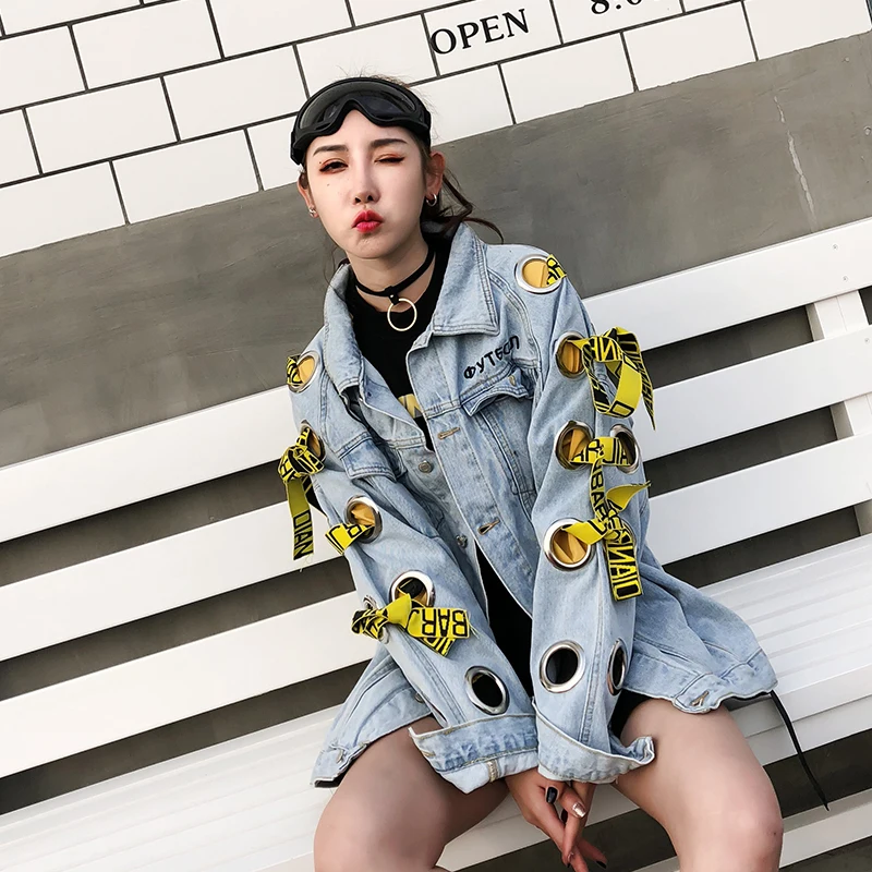 ZURICHOUSE Punk Denim Jacket Women Personality Hollow Out Metal Ring Bandage Oversized Ladies Jeans Jackets Coas