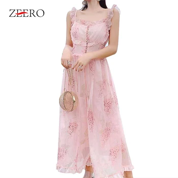 

2019 Summer Rompers Jumpsuits Runway Bohemian HolidayWomen Spaghetti Strap Chiffon Flower Print Pink Jumpsuits High Quality