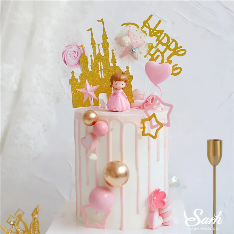 Crown Princess Decoration Shiny Gold Castle Pink Balls Cake Topper Happy Birthday for Kid Party Wedding Supplies Baking Gifts