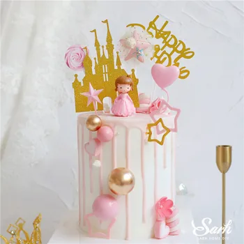 

Crown Princess Decoration Shiny Gold Castle Pink Balls Cake Topper Happy Birthday for Kid Party Wedding Supplies Baking Gifts