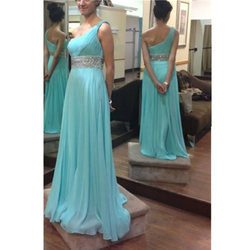 #^Special Price Top Kwaliteit Turquoise Een Schouder Prom Dresses Lange 2019 Kralen Kristallen Sjerpen Floor Lengte Chiffon Bruidsmeisje Jurk Kaftan