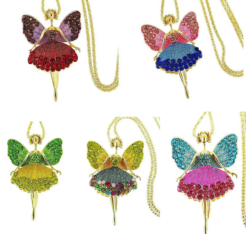 

TianBo Statement Enamel Crystal Dance BALLET Girl Fairy Angel Necklace long Chain Pendant 2018 Fashion New Enamel Jewelry Women