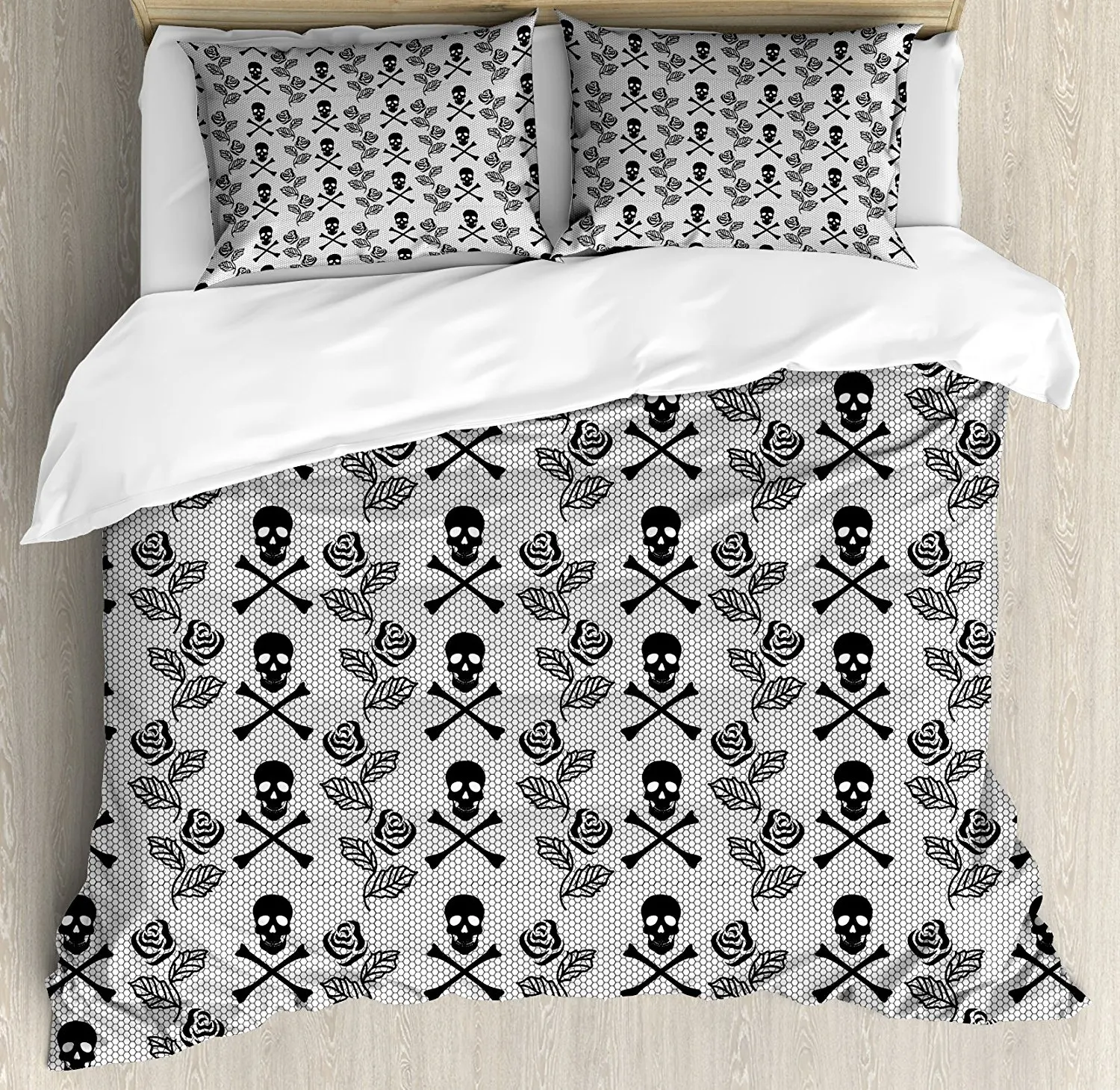 

Gothic Duvet Cover Set Monochrome Lace Style Pattern with Romantic Vintage Roses and Skulls Crossbones Bedding Set Black White