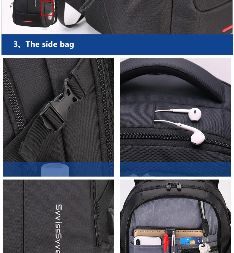  SWICKY multifunction large capacity male bag fashion travel usb charging waterproof anti-theft 15.6