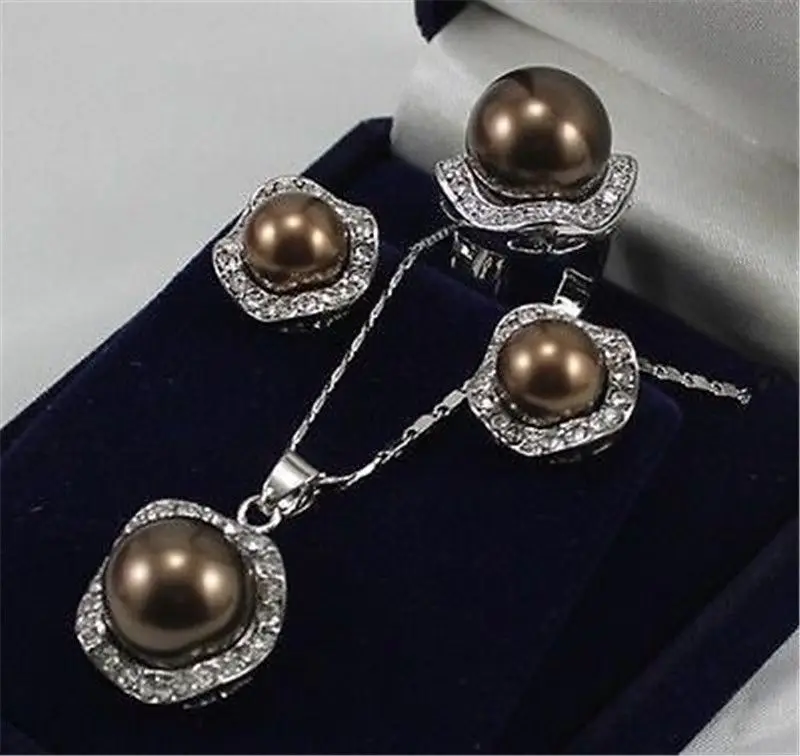

free shipping>>> Wedding Jewelry 10mm &14mm Coffee Necklace Earrings Ring Set