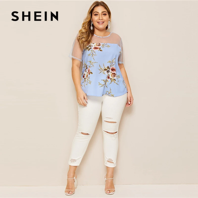 SHEIN Plus Size Blue Mesh Yoke Floral Print Top Blouse 2019 Women Summer Casual Contrast Mesh Round Neck Short Sleeve Blouses SHEIN Plus Size Blue Mesh Yoke Floral Print Top Blouse 2019 Women Summer Casual Contrast Mesh Round Neck Short Sleeve Blouses