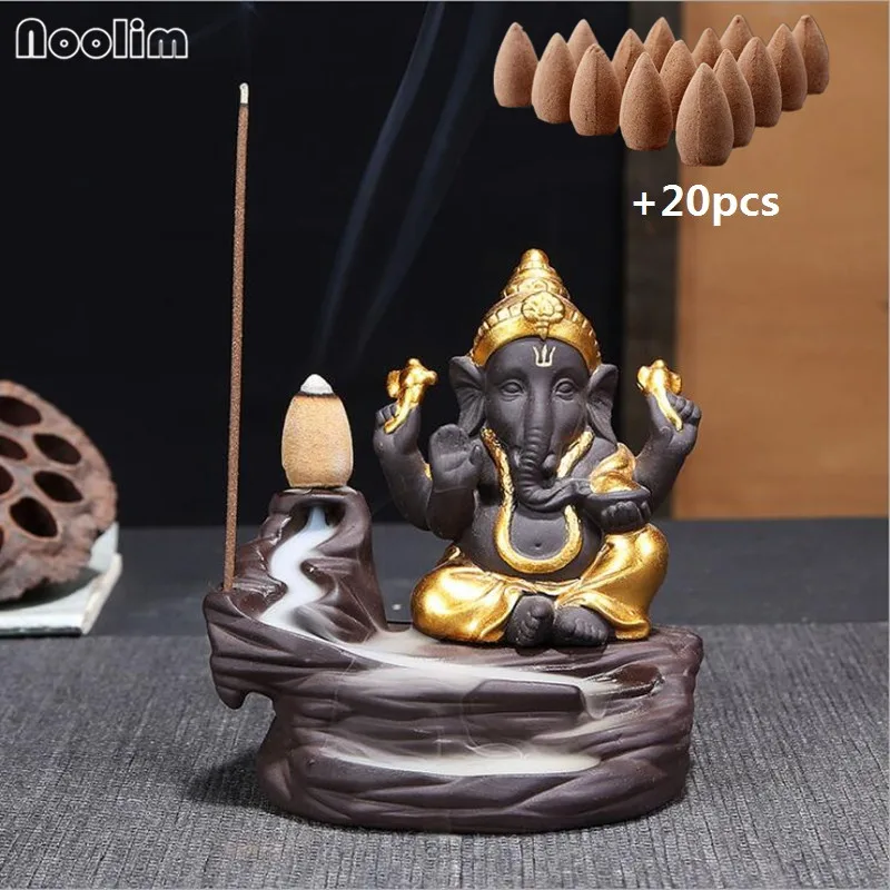 NOOLIM Ganesha горелка для благовоний с обратным потоком слон Бог эмблема благоприятный и успех керамическая конусная кадильница домашний декор с 20 шт. конусами - Цвет: Gold B -Sandalwood