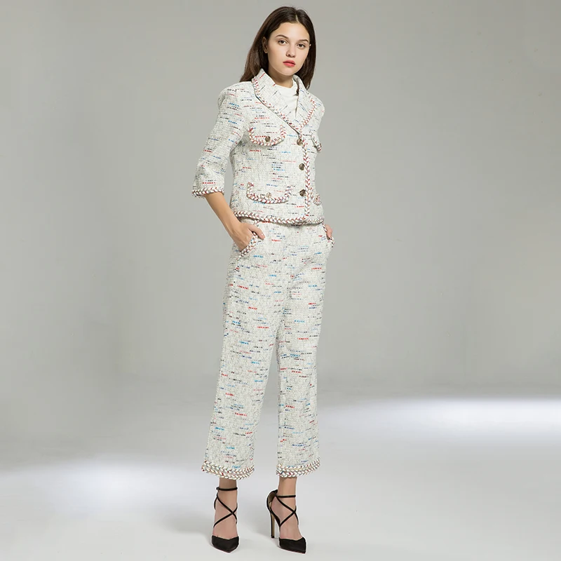 Office Lady two piece Tweed Set Women Crop Top Blazer Tweed Jacket and Wide pants Sets Autumn Winter Outfit Coat trousers suits