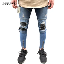 2017 Fashion Zipper Hole Skinny Ripped Jeans Men Distressed Denim Joggers Pants Moto Biker Washed Pleated Pencil Jeans 5 Colors