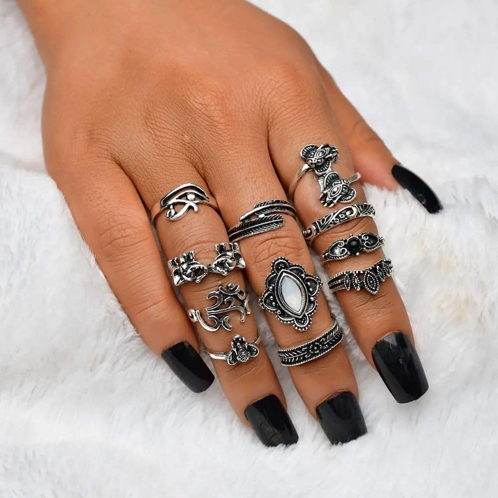 

2018 New 11pcs Bohemian Vintage Elephants Olive Branch Opal Midi Knuckle Finger Ring Set Feathers leaves OM Yoga Jewelry Gift