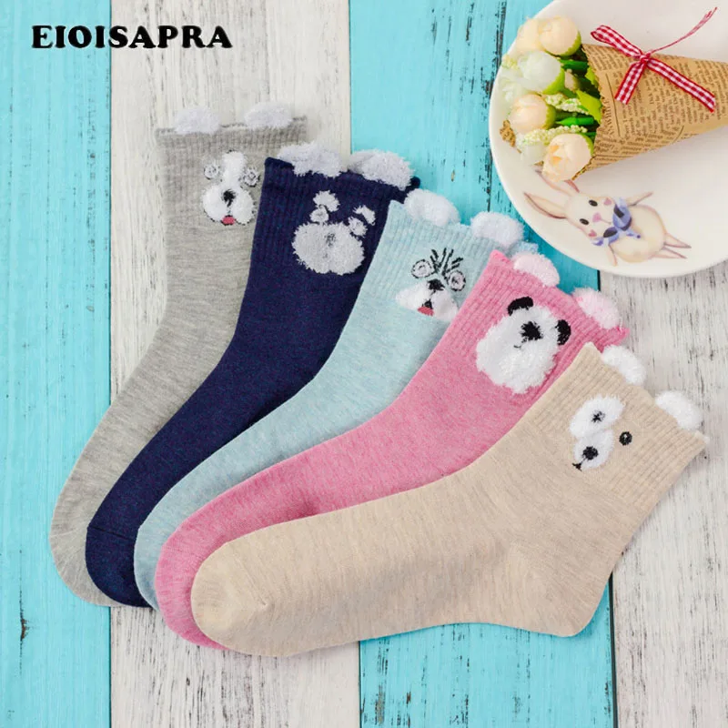 [EIOISAPRA]5 Pairs Cute Cartoon Pattern Fuzzy Socks Women Candy Color