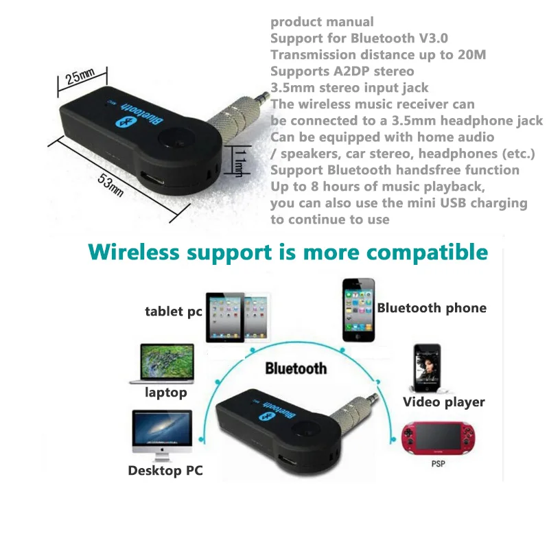 new Wireless Bluetooth Music Receiver Adapter Audio 3.5mm Stereo A2DP