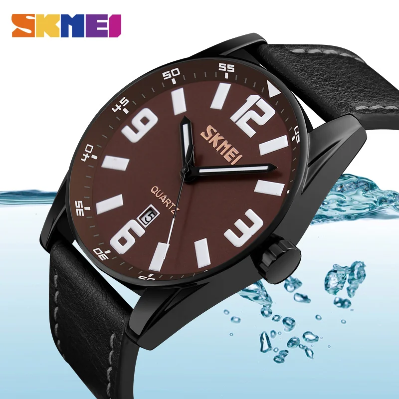 

SKMEI Fashion Large Dial Men Quartz Watches Luxury Brand Leather 30M Waterproof Casual Wristwatches Relogio Masculino 9137