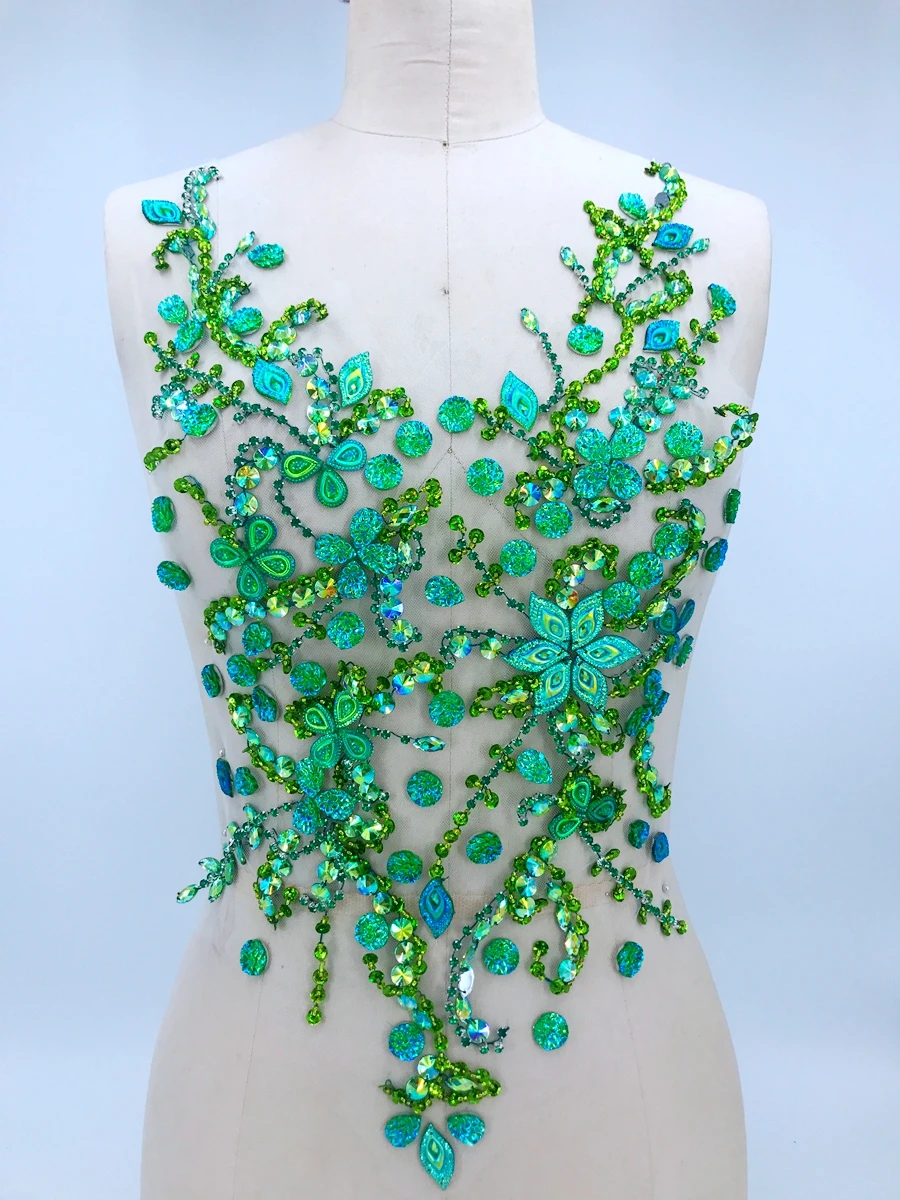 Pure hand made sew on green Rhinestones applique mesh crystals patches trim 50*30cm dress accessory | Дом и сад