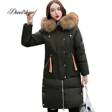 С капюшоном эластичный меховой воротник зимнее пуховое пальто куртка Толстая теплая тонкая женская куртка Casaco Feminino Abrigos Mujer Invierno Parkas 605