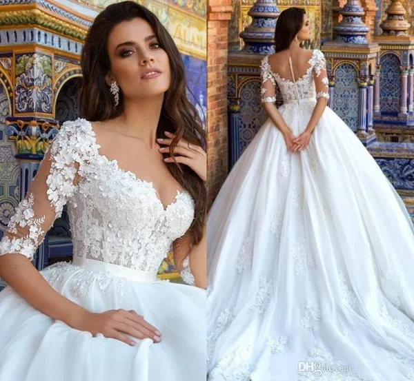 

Princess Ball Gown Wedding Dresses With Sleeves White Arabic Wedding Gowns With Appliques Romantic Plus Size Bridal Dress 2019