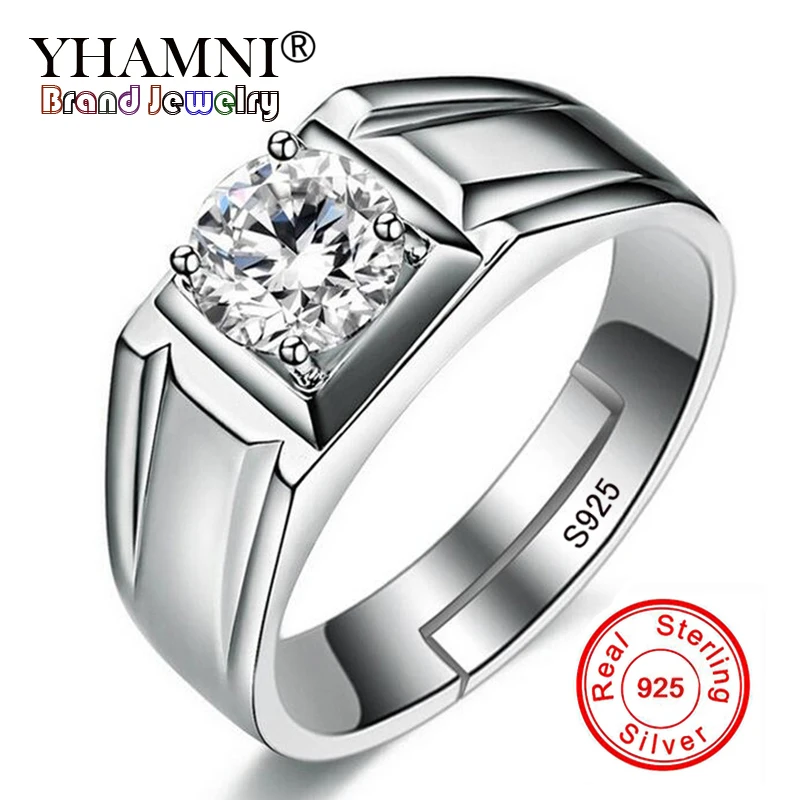 

YHAMNI Fashion Men Rings Resizable Natural 925 Sterling Silver Rings Luxury Wedding Jewelry 1 carat 6mm CZ Zircon Ring Mens NJ01