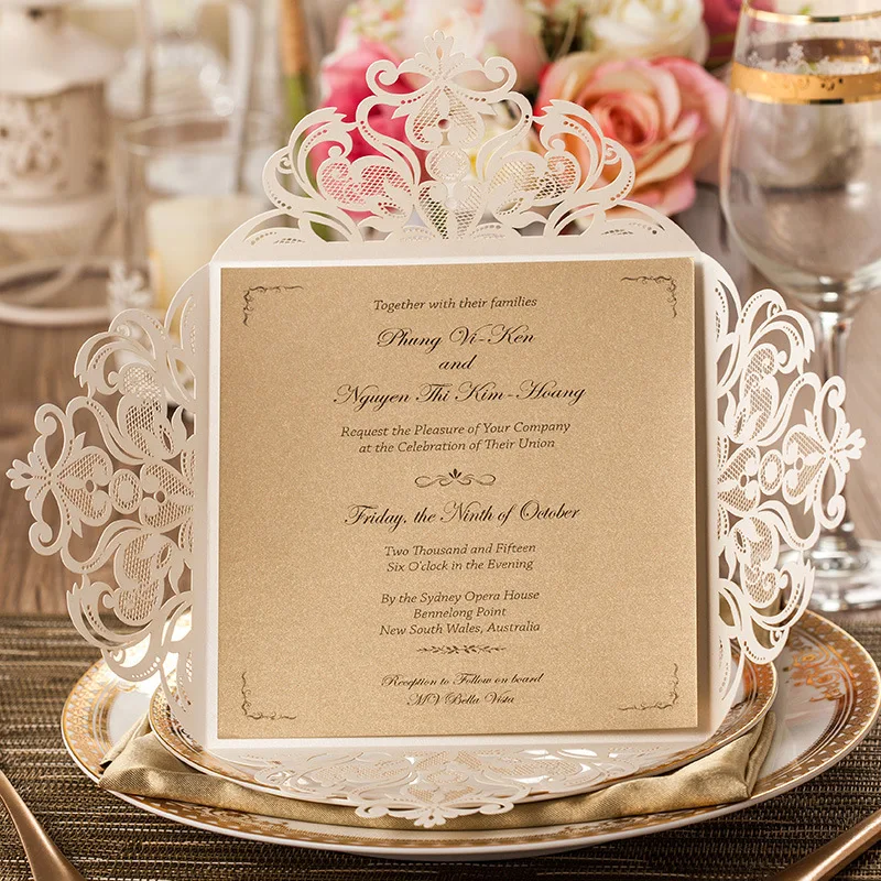 Элегантный лазерная резка свадебное приглашение цвета слоновой кости|ivory wedding