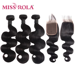 Miss Rola Hair Body Wave Peruvian Hair Bundles with Closure 100% Human Hair Natural Color Non-Remy Hair Extensions 8-26 Inch