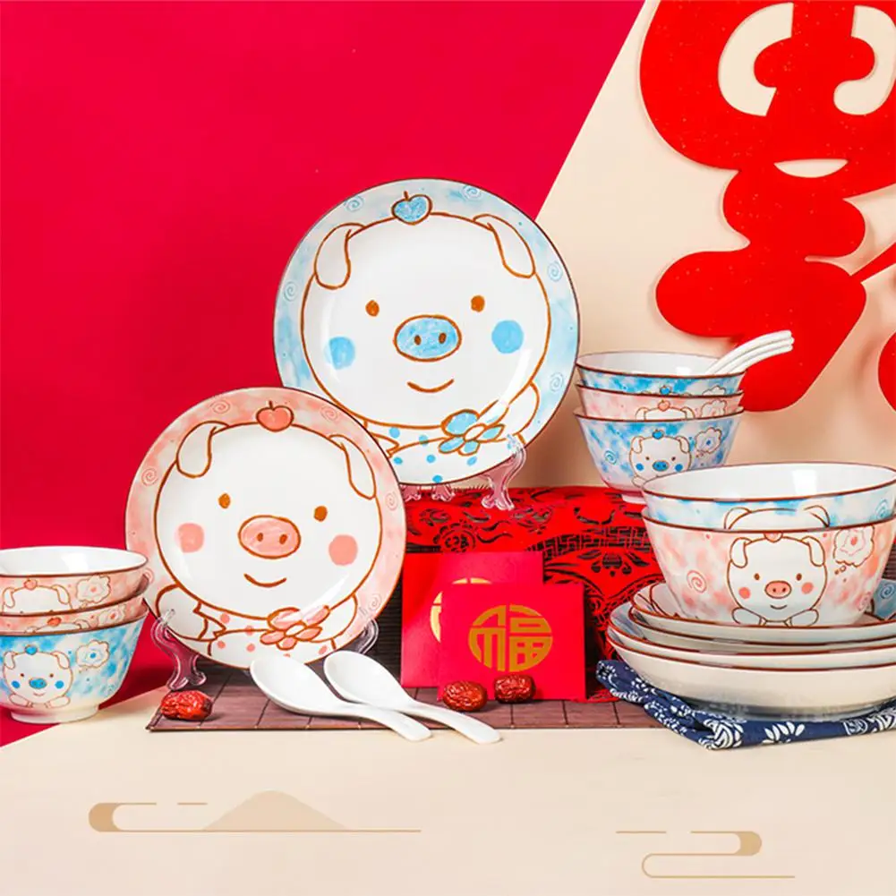 

20pcs/set Ceramic Dinner Dish Plate Rice Tableware Set Cute Pig Pattern Dishes Bowls Spoons Set Home Tableware Kitchen Cook Tool