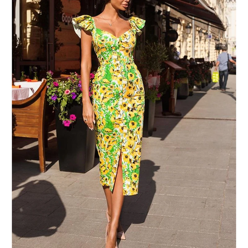 

Single Button Down Ruffles Shoulder Split Dress Women Slim Fit Elegant Office Prom Party Dress robe longue femme ete