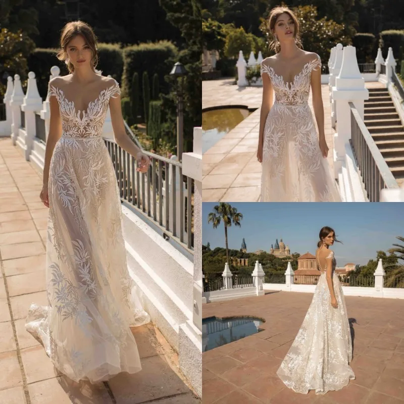 

2019 A Line Wedding Dresses Jewel Capped Sleeve Lace Appliques Bridal Gowns Sweep Train Wedding Dress Vestido De Novia