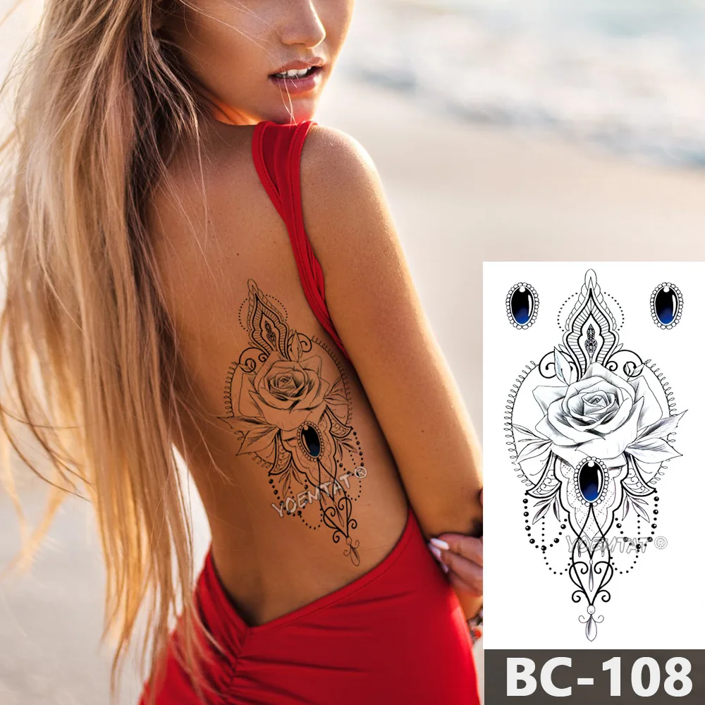 

1 Sheet Chest Body Tattoo Temporary Waterproof Jewelry Dark sapphire rose lace pattern Decal Waist Art Tattoo Sticker for Women