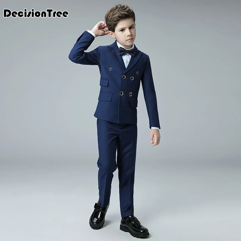 2019 new boys formal double breasted high quality blazer gentlemen's solid color lapel prom suit vest + shirt + pants for kid