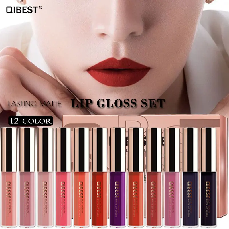 

QiBest 12pcs Volumen Labios Velvet Matte Lip Gloss Kit Lip Stick Waterproof Sexy Colors Lipstick Sexy Nude Color Set