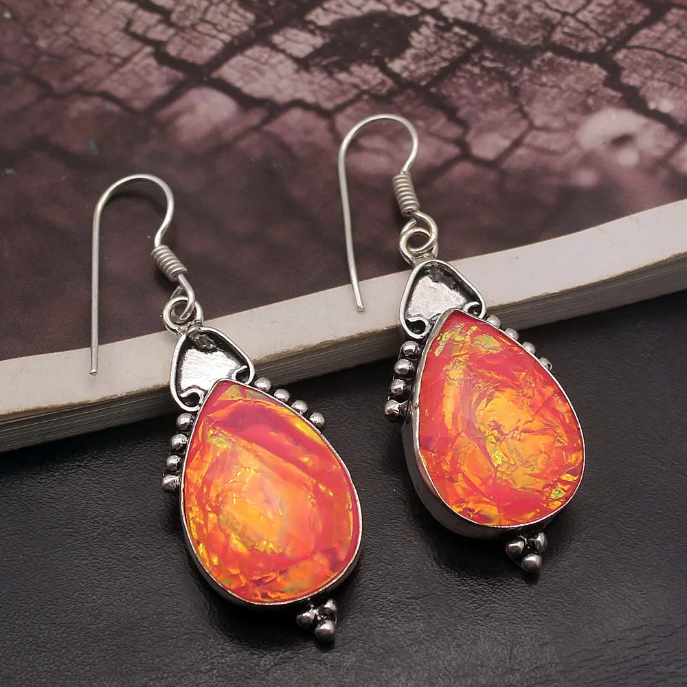 

Teardrop Antique Dichroic Glass 925 Sterling Silver Ladies Dangle Earrings 2 1/8 Inch TF1098 Free Shipping