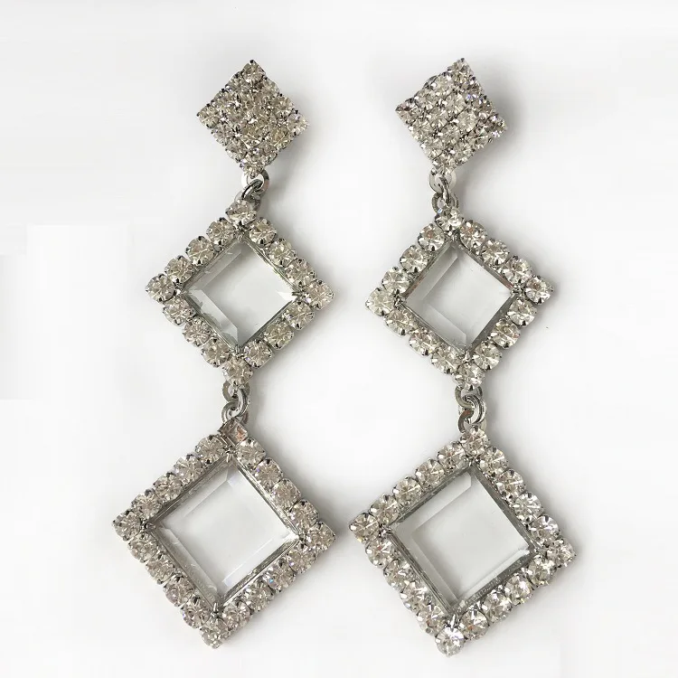 

New European and American fashionable ear clip geometric glass zircon long earrings earrings