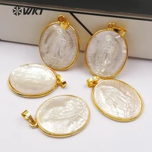 WT-P1353 In Stock! Elegant White Shell Pendants With Virgin Mary Pattern Oval Slice Shape Metal Plated Female Jewelry