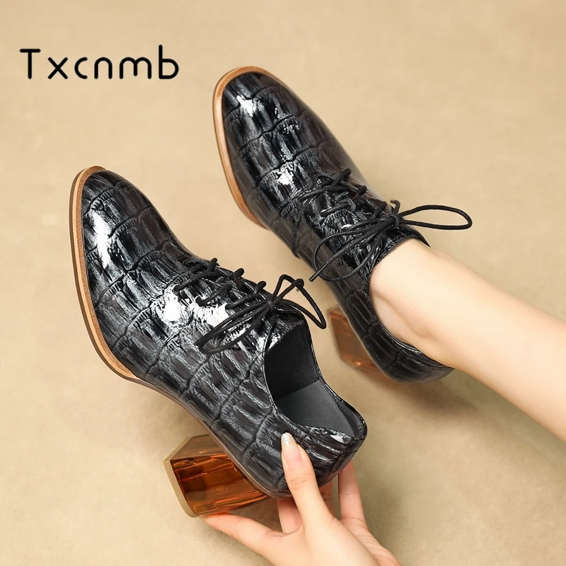 

TXCNMB 2019 New High Quality Genuine Leather Women Pumps Round Toe high Heels women shoes Comfortable wedding Shoes Woman