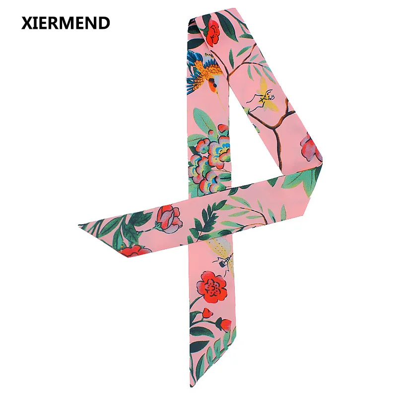 

2018 Silk Flower Bird Jungle Pumpkin Scarf Women's Tied Bag Handle Ribbon Hairband Shawl narrow long Scarf head skinny scarves