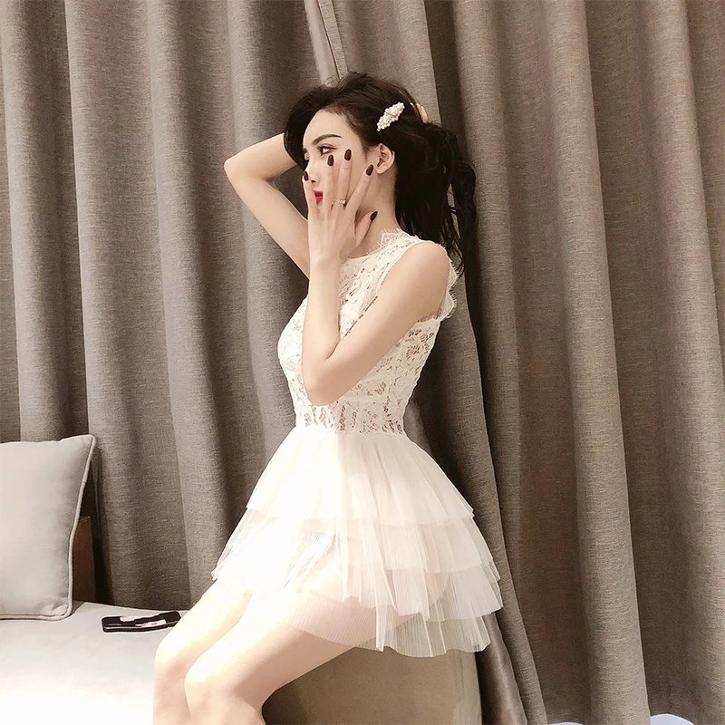 

sexy Korean style a-line sleeveless tank o-neck Lace fabric patchwork Net yarn elegant Mini dress party dresses fashion brand