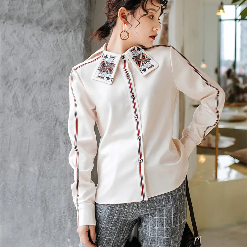 

Spring Casual Poker "K" Collar White Shirt Women Chiffon Temperament Blouse Womens Tops and Blouses Long Sleeve Clothes
