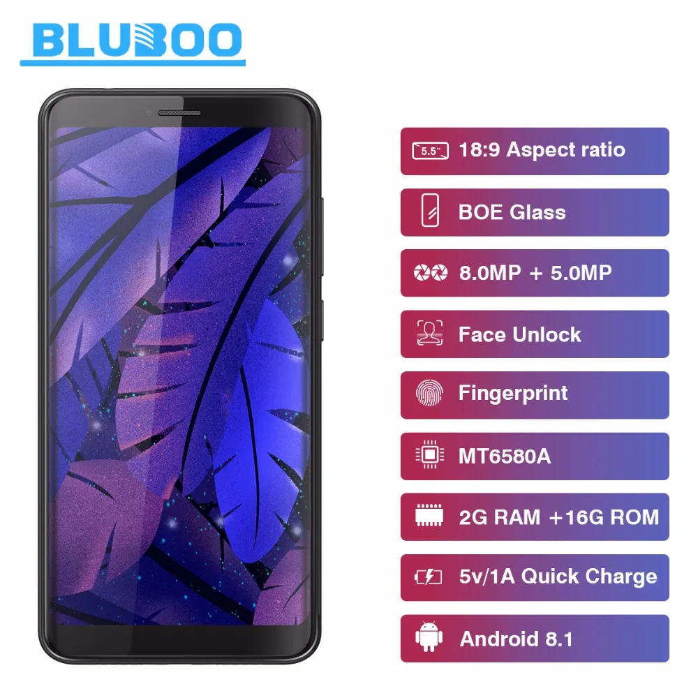 Bluboo D6 Smartphone 5.5'' IPS 18:9 Screen MT6580A Quad Core 2GB RAM 16GB ROM Android 8.1 Face Unlock Cellphone 3G Mobile Phone