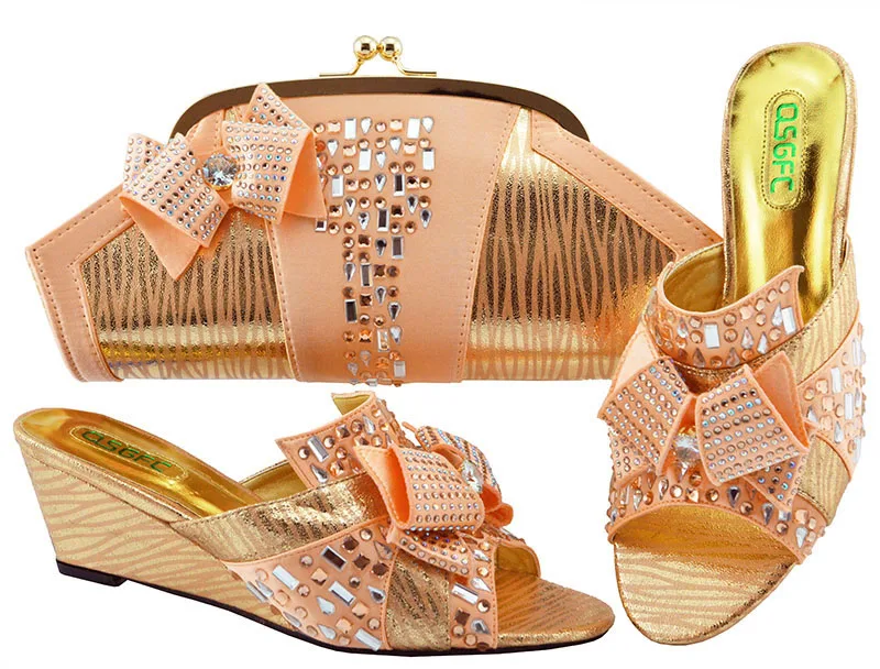 

2018 newest italian fashion peach shoes and bag set to match women aso ebi party italy shoe and bag in peach color SB8255-2