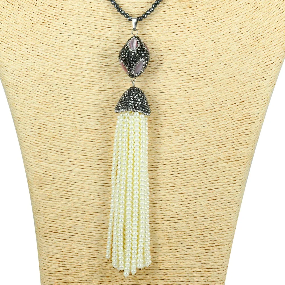 

Crystal Pearl Beads Tassel Pendants Long Necklace Crystal Beaded Chain Rhinestone Gem Stone Cap Charm Maxi Necklace Female Gift