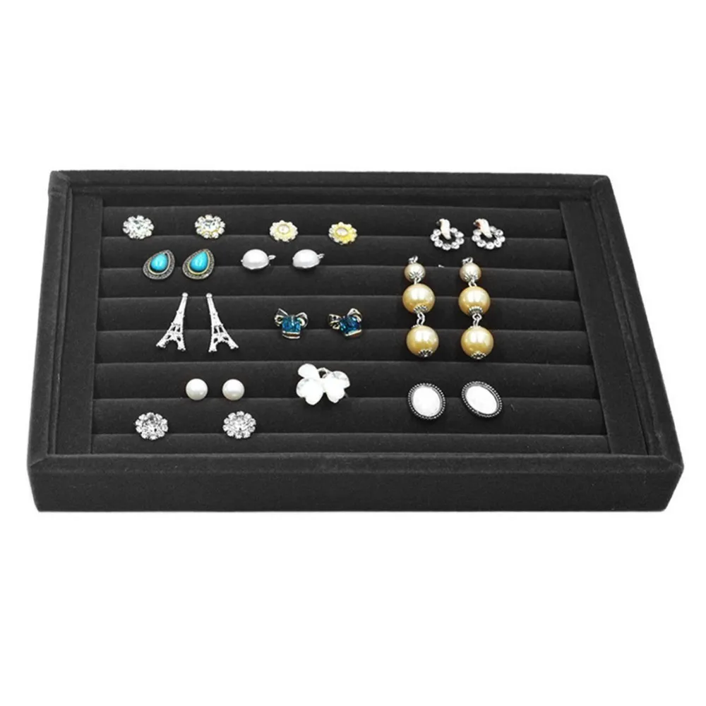 

7 Slots Velvet Suede Ring Earrings Organizer Ear Stud Jewelry Display Stand Holder Rack Showcase Plate Jewelry Box Casket Decor