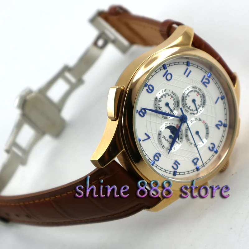 

Parnis 44mm White dial Rose gold case Moon Phase Multifunction deployment clasp Automatic movement men's watch