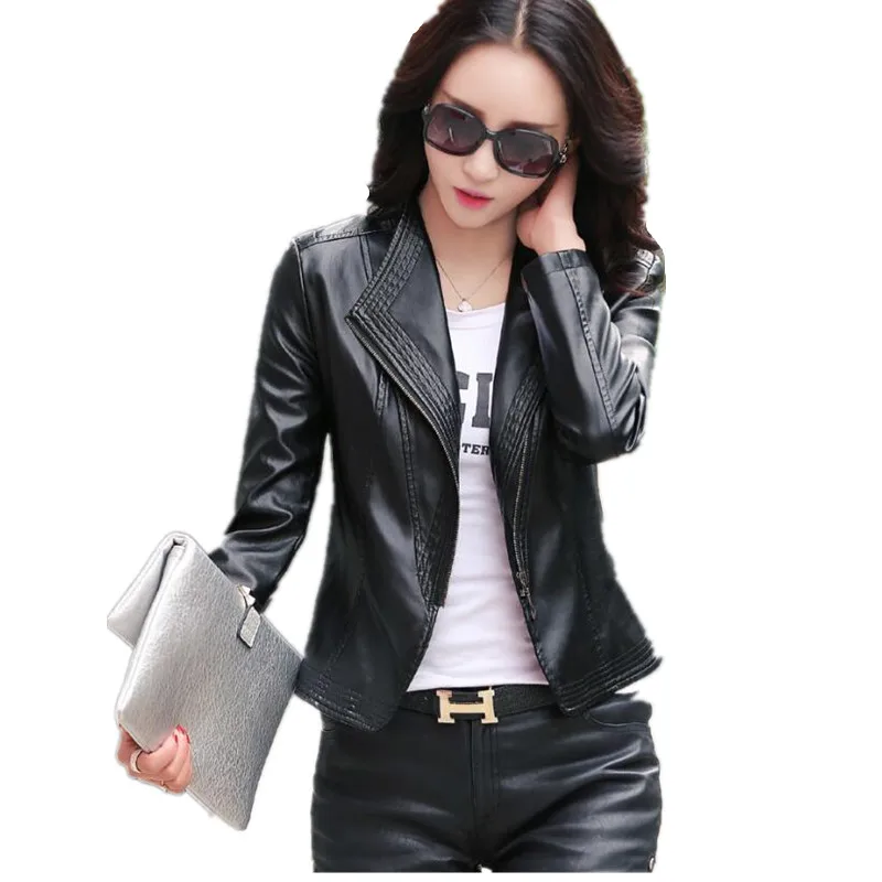 

Long sleeve casual leather jackets women 2019 spring and autumn leather clothing female slim motorcycle leather coat black plus