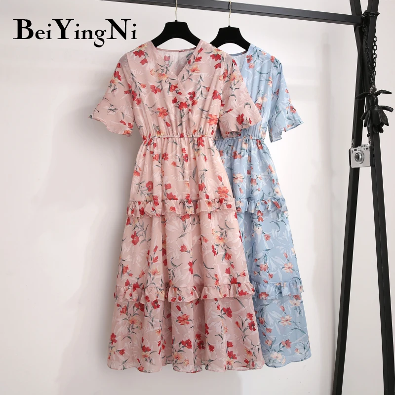 

Beiyingni Summer Chiffon Dress Woman Short Sleeve Floral Printed Pleated Patchwork Sexy Casual Dresses High Street 2019 Vestidos