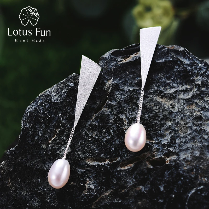 Lotus Fun Real 925 Sterling Silver Natural Pearl Original Handmade Fine Jewelry Triangle Water Drop Dangle Earrings for Women
