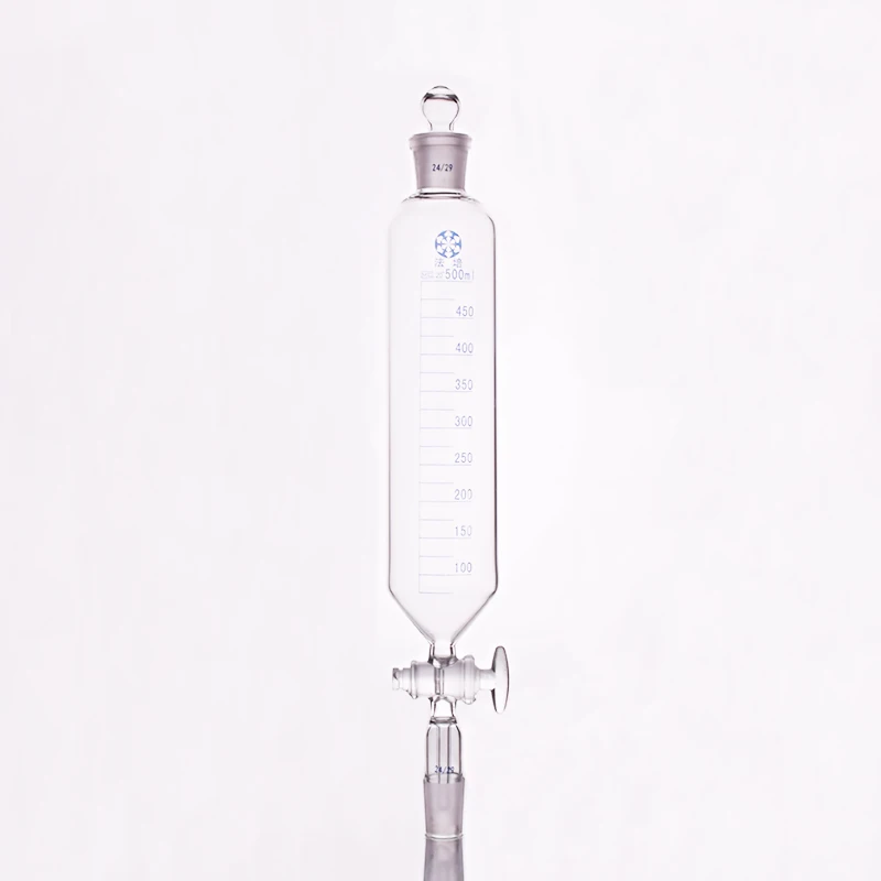 Separatory воронка цилиндрической формы, Стандартный рот земли. ёмкость 500 мл, Объединенный 24/29 + 24/29, Стекло переключатель клапан