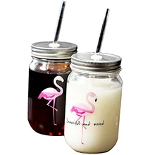 400-500 мл трубочка Фламинго стеклянная бутылка с крышкой и соломинкой креативные животные прозрачная вода напиток холодный напиток чашка круглая Студенческая чашка