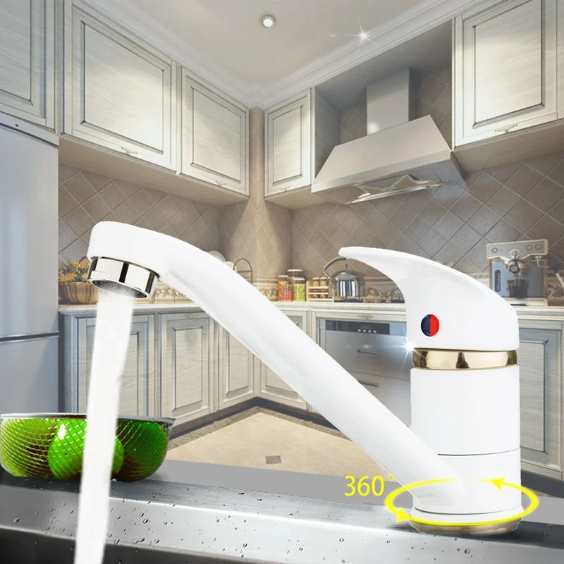 360 Swivel Spout White Porcelain Hot Cold Mixing Mixed Faucet Taps Copper Single Lever Kitchen Sink