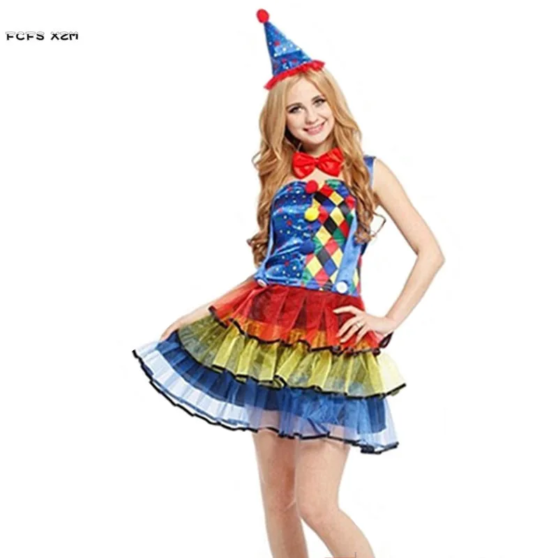 

Women Circus Clown Cosplays Adult Halloween Droll Joker Costumes Christmas Purim Carnival parade Stage play masked party dress